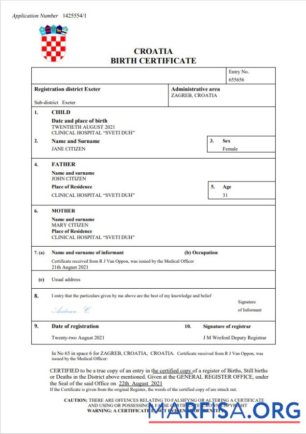 Downloadable Croatia birth certificate Word and PDF template